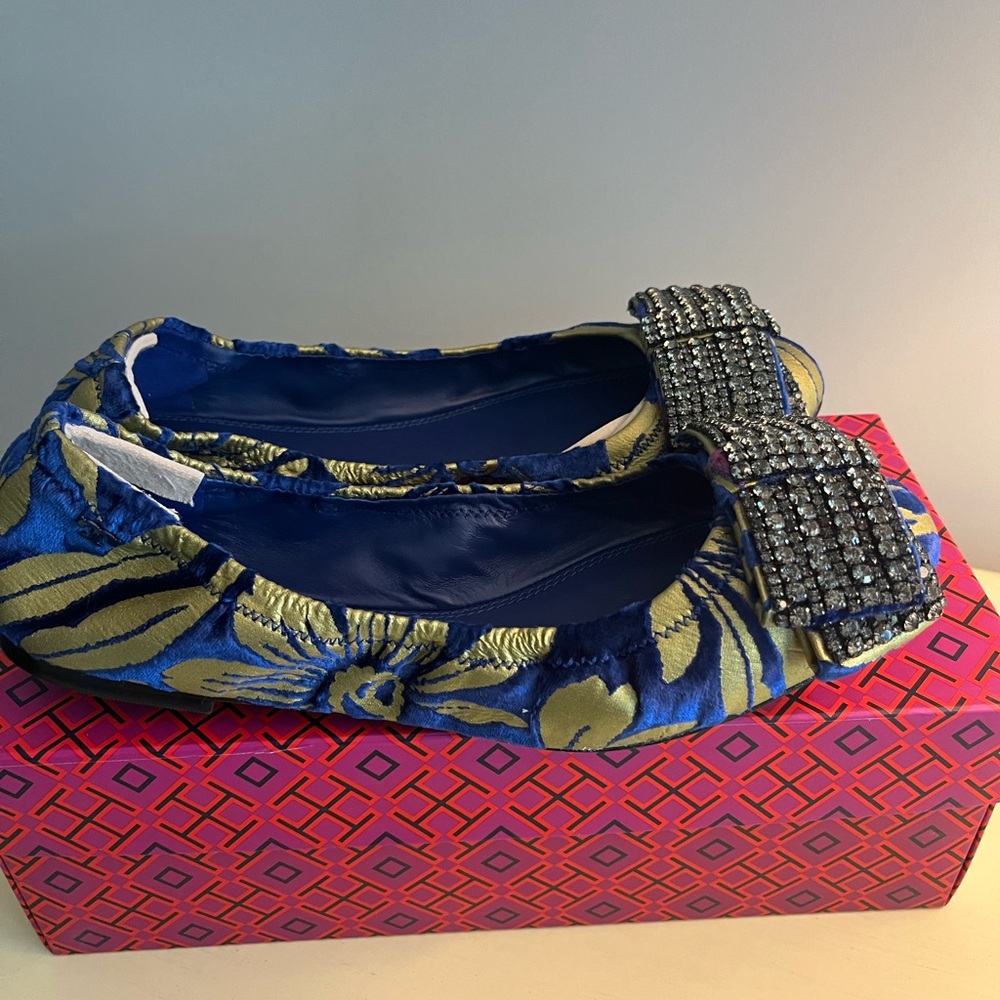 Tory Burch Blue and Gold Flats with Rhinestone Bow - Picture 2 of 6